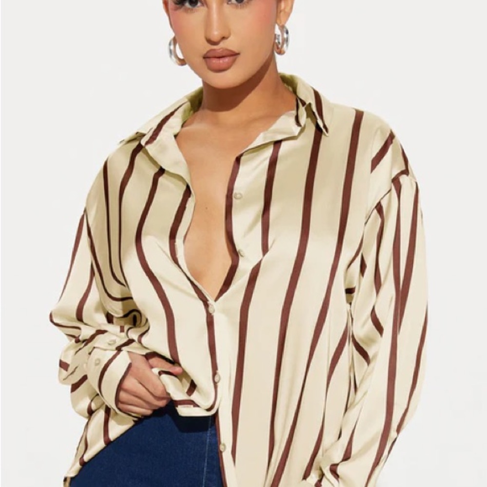 Fashion Nova Cream and Brown Striped Button Down Shirt